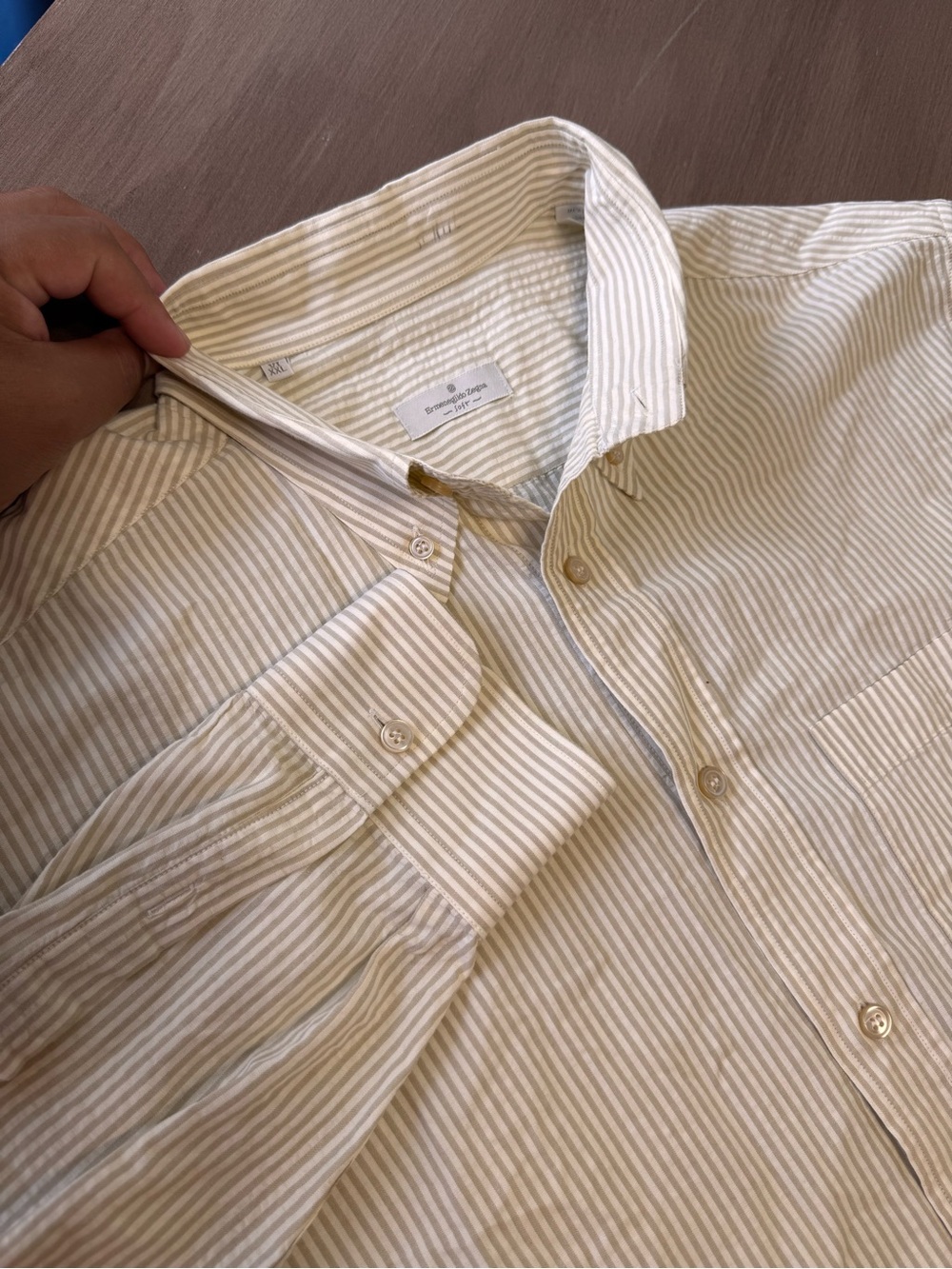 Ermenegildo Zegna Soft Mens XXL Shirt Tan Stripe Cotton Made Italy Button Down
